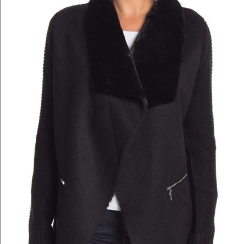 Women’s faux fur collared sweater with faux suede